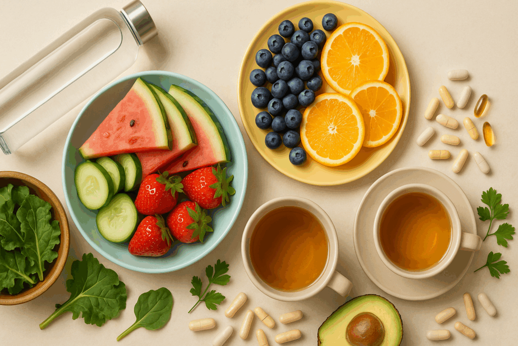 Colorful wellness breakfast with hydrating fruits, leafy greens, herbal tea, and supplements supporting 3 step face care.