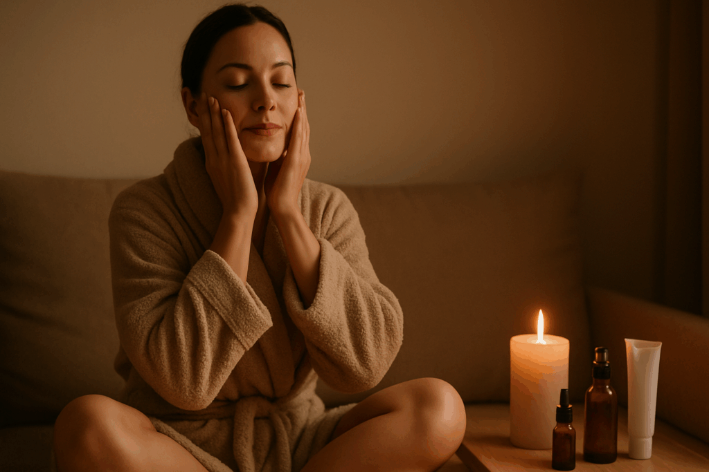 Woman in a bathrobe practicing 3 step face care with candlelight in a calming self-care setting