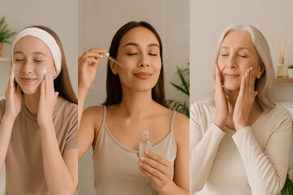 Three women in different life stages each practicing a 3 step face care routine—teen using cleanser, adult applying serum, and senior massaging moisturizer.