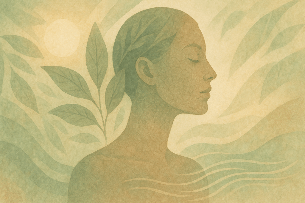 Abstract female silhouette with natural skin textures, leaves, sunlight, and flowing water symbolizing the holistic approach of a 5 step skincare routine.