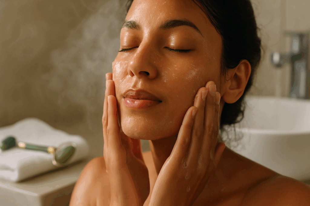Woman gently cleansing her face with steam and water droplets as part of a 5 step skincare routine in a minimalist bathroom setting