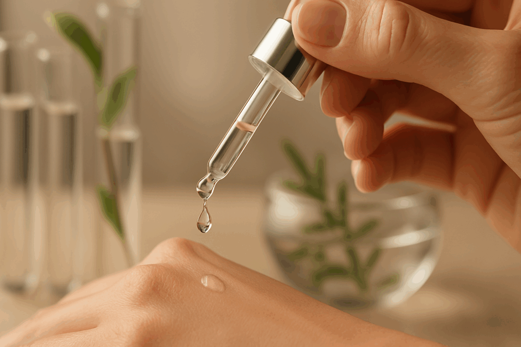 Dropper releasing serum onto hand with botanical test tubes in background, illustrating a 5 step skincare routine's targeted treatment phase.
