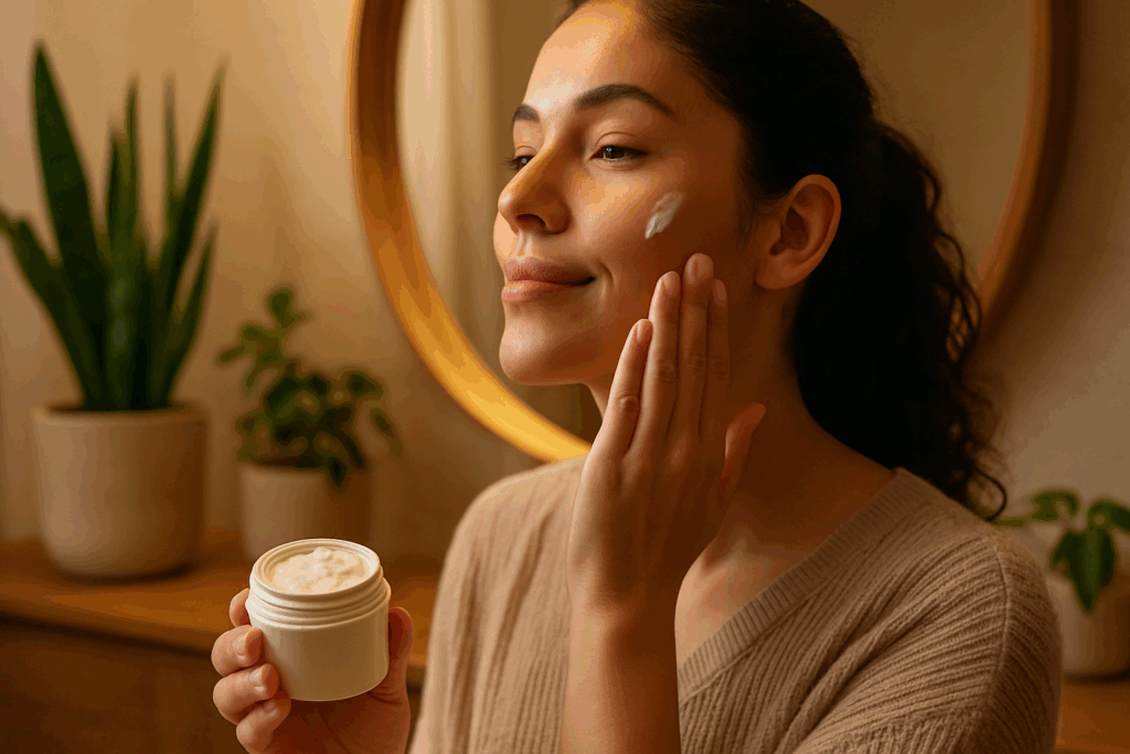 Woman applying face cream in a warm-lit bathroom as part of her 5 step skincare routine, with indoor plants and wooden textures in the background.