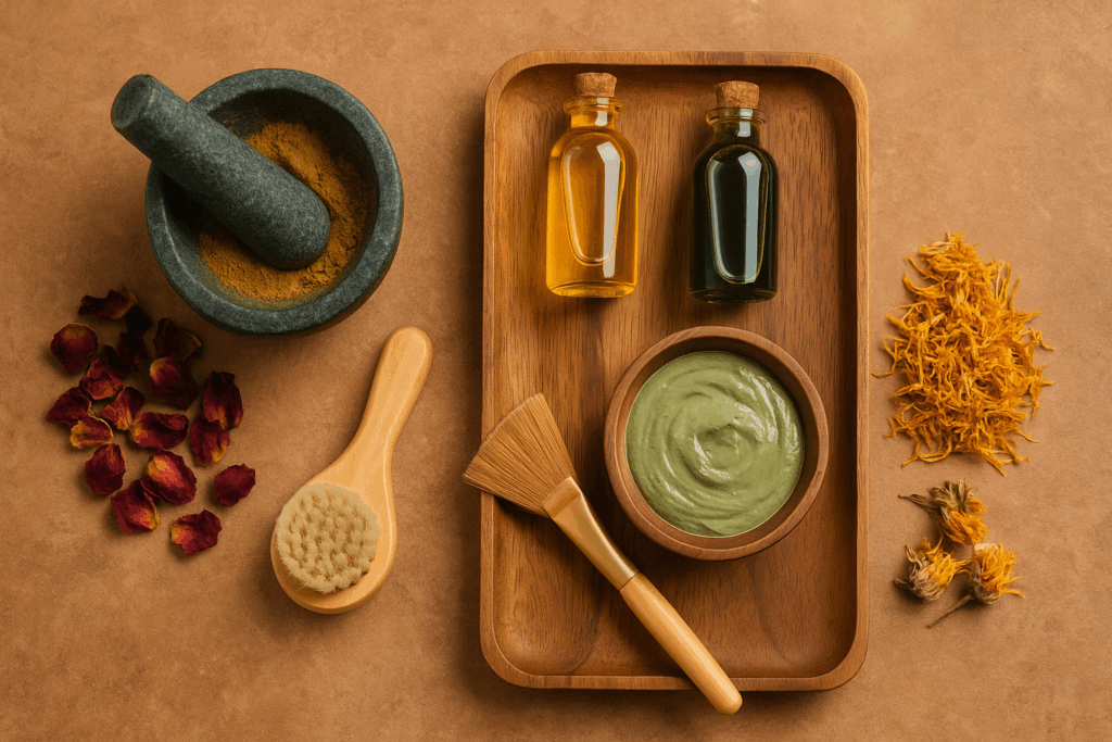 Herbal oils, clay mask, natural brushes, and dried flowers on a wooden tray symbolize Ayurvedic elements in a 5 step skincare routine