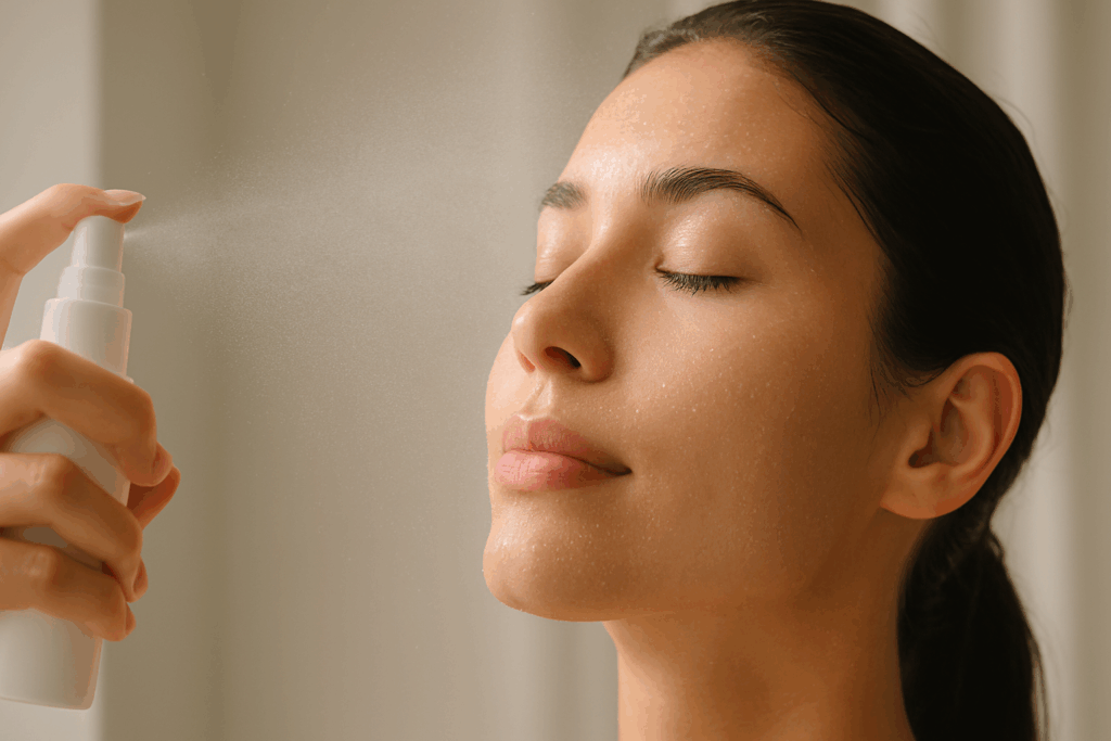 Misty spray of toner dispersing mid-air over hydrated skin, representing the refreshment and balancing effects in a 7 step skincare routine
