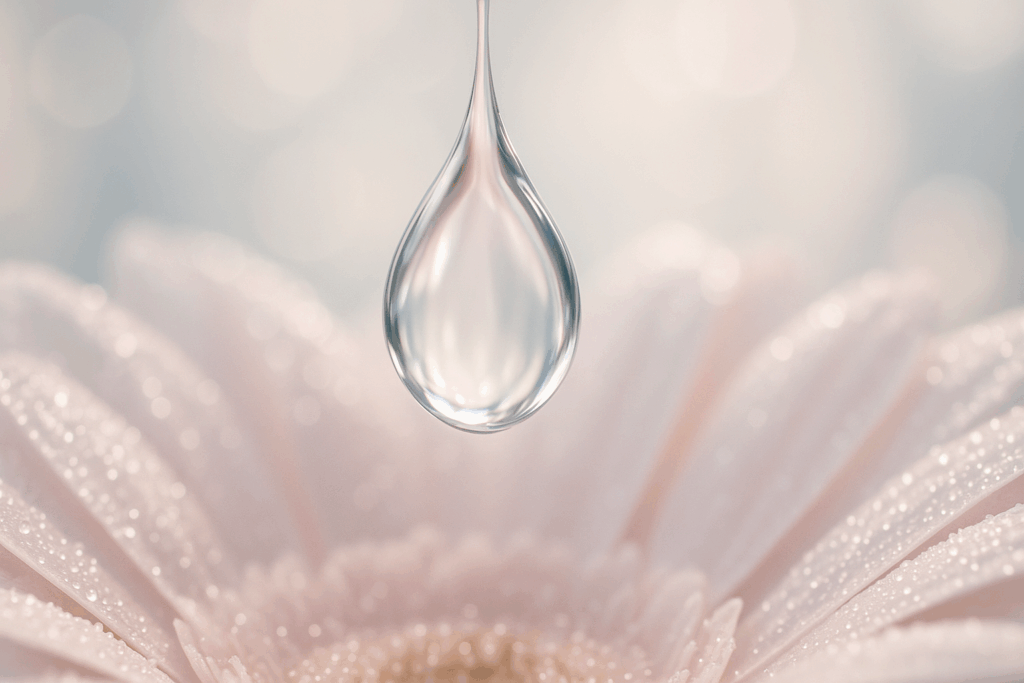 Crystal-clear droplet of essence suspended above dewy petals, symbolizing deep hydration in a 7 step skincare routine.