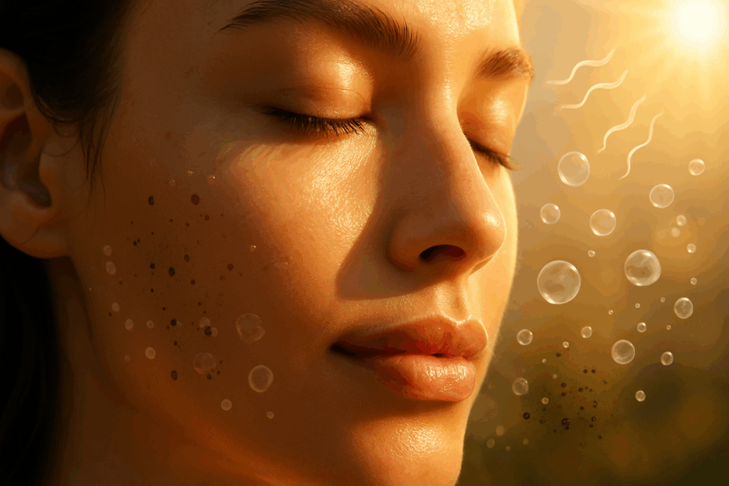 Close-up of radiant, healthy skin glowing in morning sunlight, symbolizing protection during an effective AM skincare routine