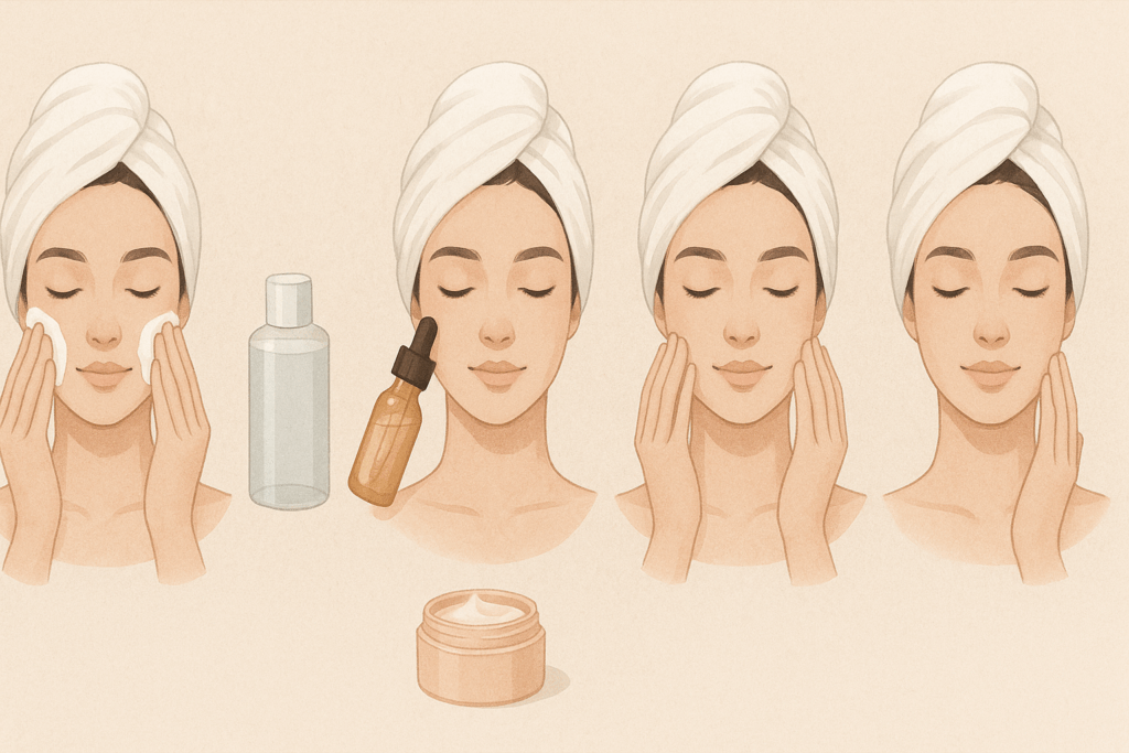 Step-by-step visual of an AM skincare routine featuring cleanser, toner, serum, moisturizer, and sunscreen, illustrating a transformation from dull to radiant skin