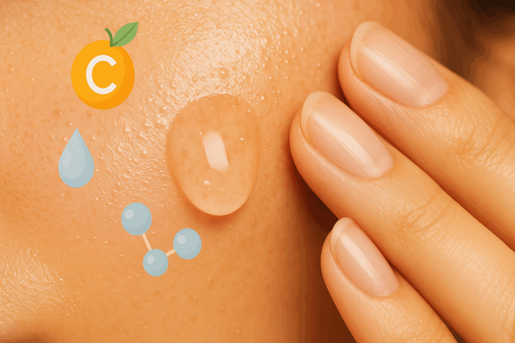 Serum droplets being gently pressed into hydrated skin during an AM skincare routine, featuring Vitamin C, hyaluronic acid, and peptides for targeted treatment
