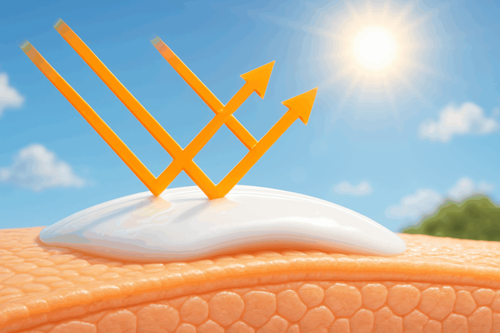Sunscreen forming a protective barrier over hydrated skin during an AM skincare routine, with UV rays visibly bouncing off under bright sunlight