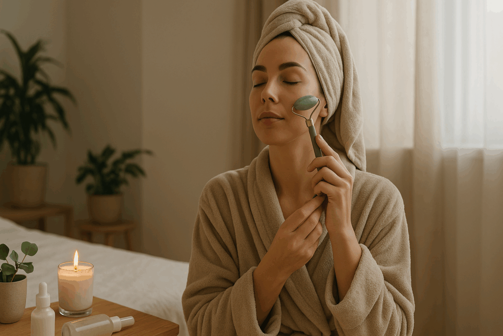 Woman practicing her AM skincare routine with a jade roller in a serene, softly lit room, symbolizing mindfulness and holistic self-care
