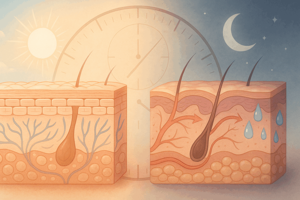 Illustration of skin responding to circadian rhythms, showing cellular protection during day and repair at night to support am and pm skincare routine