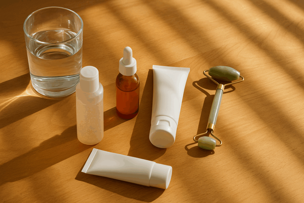 Morning flatlay with gel cleanser, antioxidant serum, moisturizer, SPF, jade roller, and water, illustrating an am and pm skincare routine.