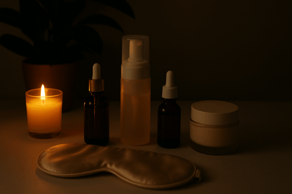 Nighttime setup for an am and pm skincare routine with cleansers, serums, moisturizer, candle, and silk eye mask on a calm surface.