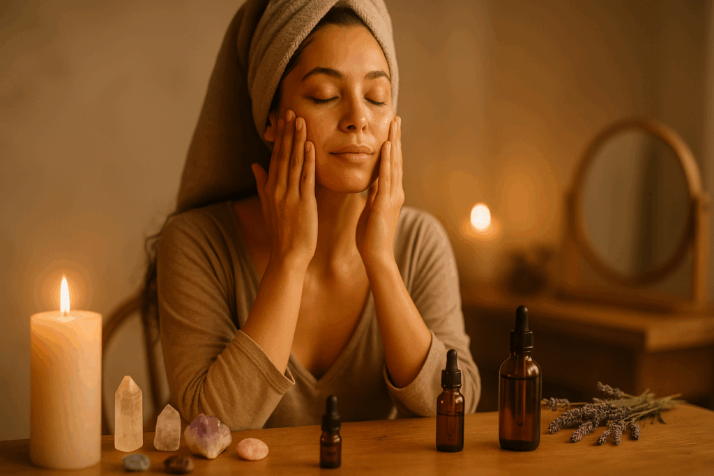 Woman practicing her am and pm skincare routine, gently massaging facial oil at a candlelit vanity with crystals, lavender, and essential oils.