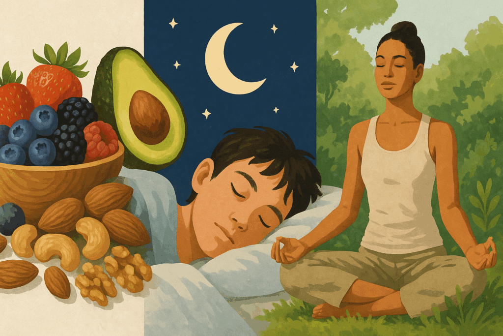 Collage illustrating an am and pm skincare routine with antioxidant-rich foods, restful sleep under moonlight, and outdoor meditation in nature