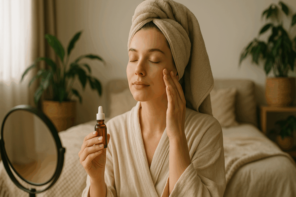 Woman applying serum with eyes closed in a serene bedroom, practicing her am and pm skincare routine.