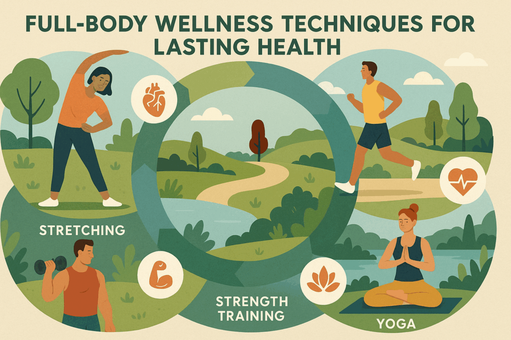 Diagram illustrating body care routine steps including stretching, cardio, strength training, and yoga in serene natural settings for holistic wellness.