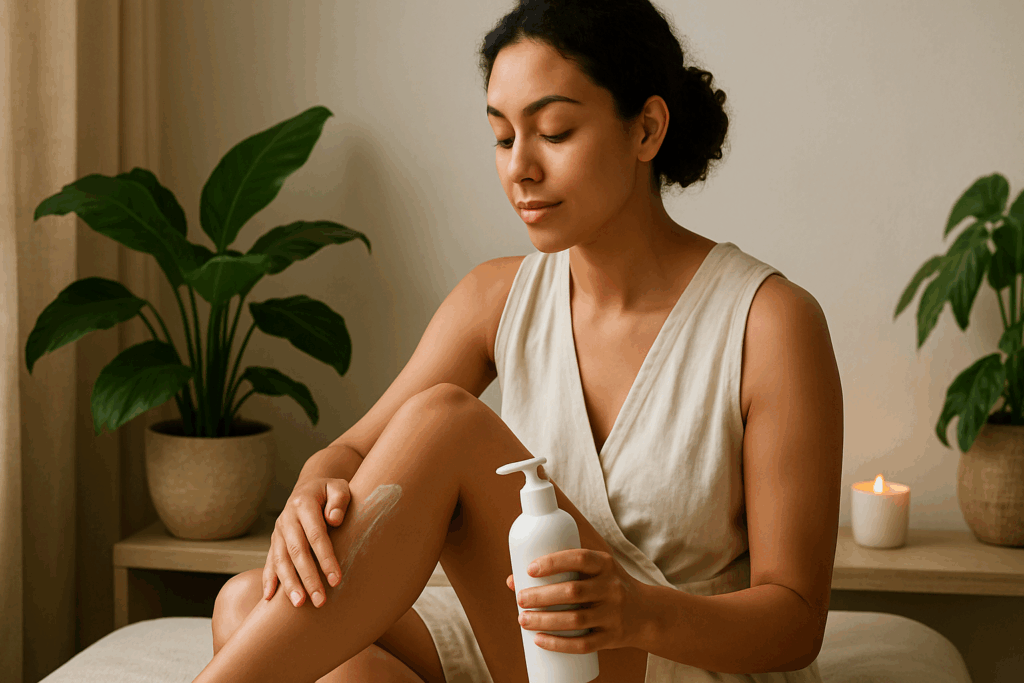 Mindful body care routine steps featuring a woman massaging lotion onto her skin in a serene, minimalist setting with soft lighting and greenery