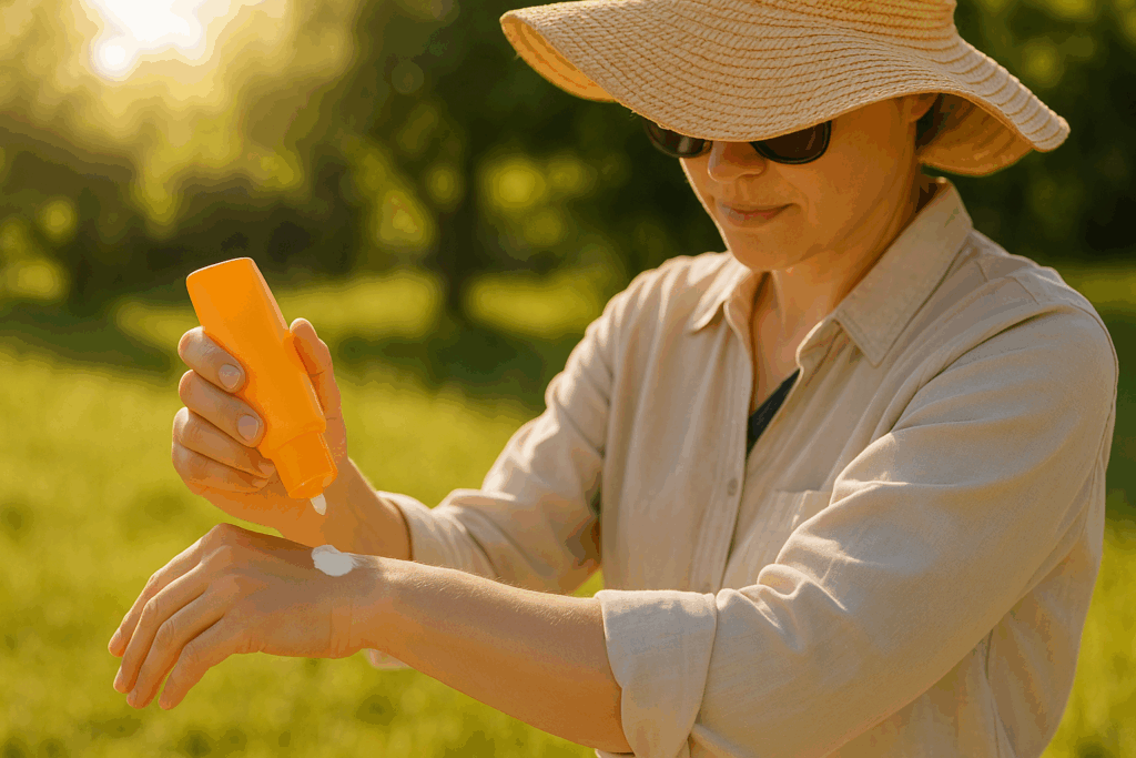 Person applying sunscreen on their arm as part of a holistic body care routine step for sun protection, wearing a wide-brimmed hat and sunglasses in a sunny outdoor setting