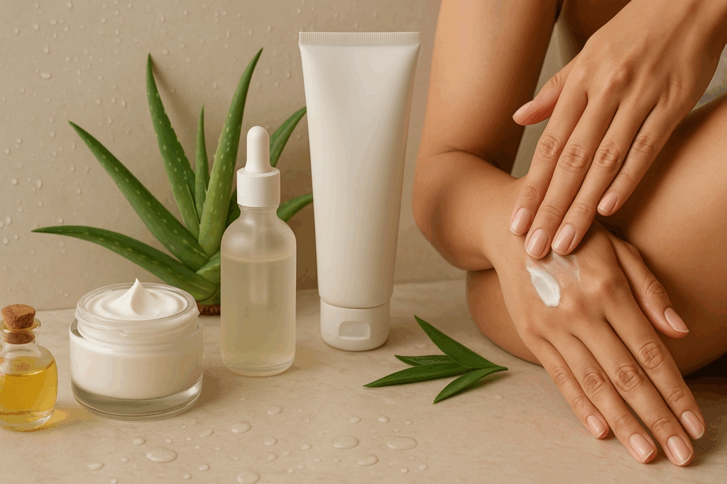 Woman applying body lotion as part of a body care routine, surrounded by hydrating creams, aloe vera leaves, and natural oils in a serene, spa-like setting