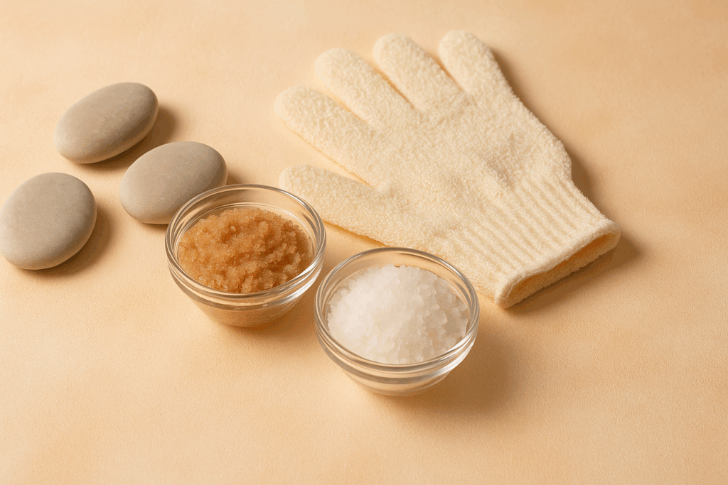 Natural body care routine steps with exfoliating gloves, sea salt and sugar scrubs, and smooth stones arranged for gentle skin renewal