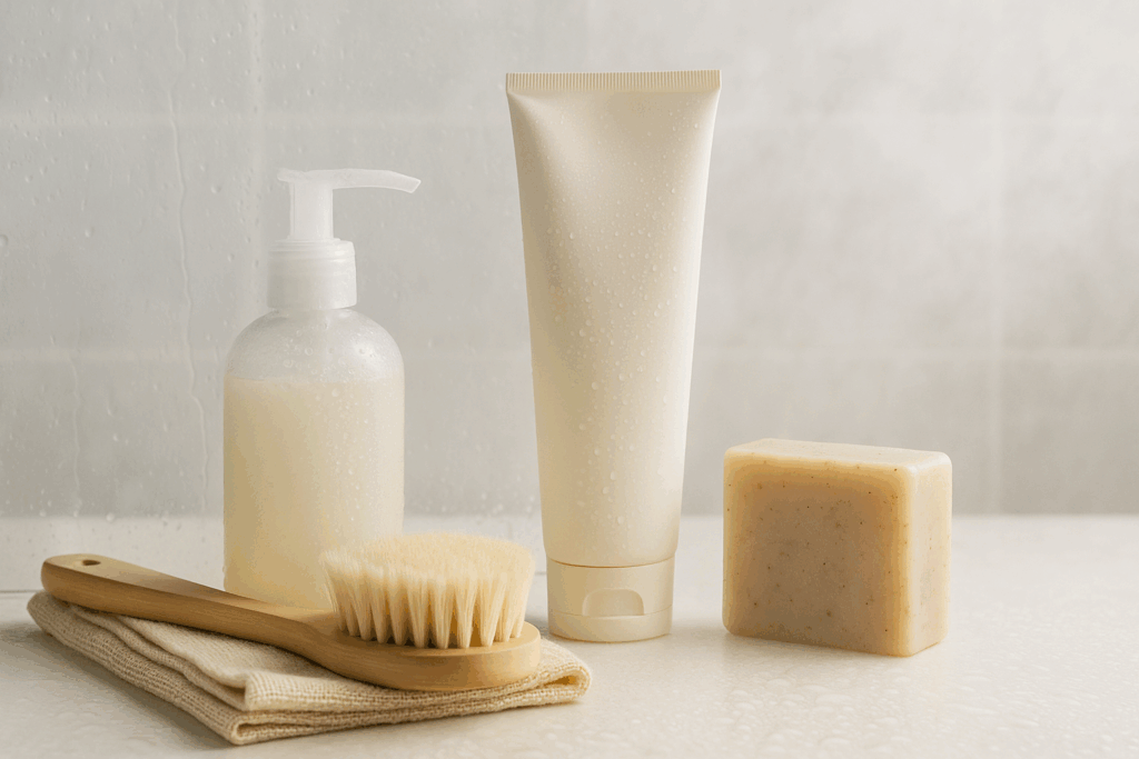 Natural body care routine steps displayed in a spa-inspired bathroom setting with bamboo washcloth, wooden body brush, and organic cleansers on a mist-covered countertop