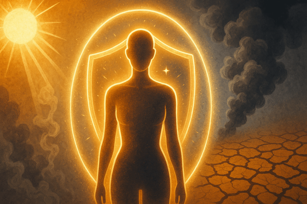 Artistic illustration of a human silhouette surrounded by environmental stressors like UV rays, pollution, and dry air, protected by a glowing shield symbolizing the benefits of a body skincare routine.