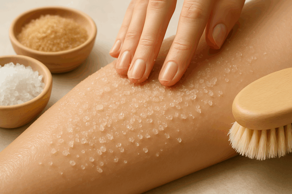 Gentle exfoliation step in a body skincare routine, featuring sugar and sea salt crystals being massaged onto hydrated skin for smoother, renewed texture