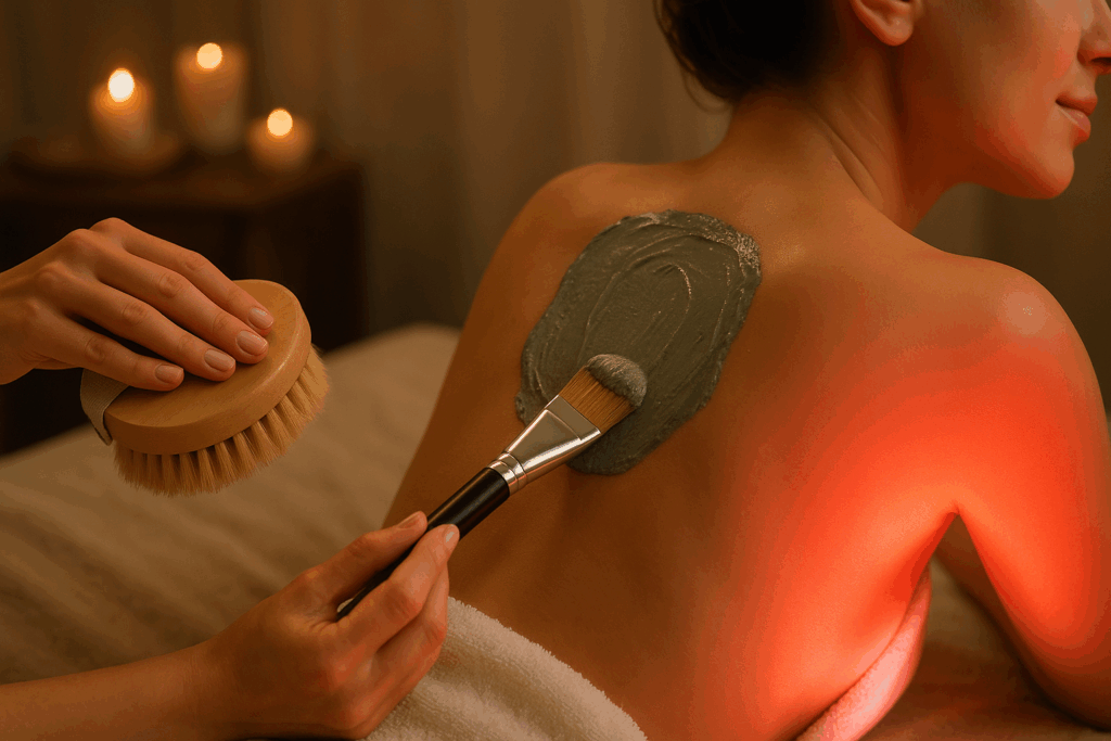 Luxurious body skincare routine featuring dry brushing, body mask application, and LED light therapy in a spa-like setting.