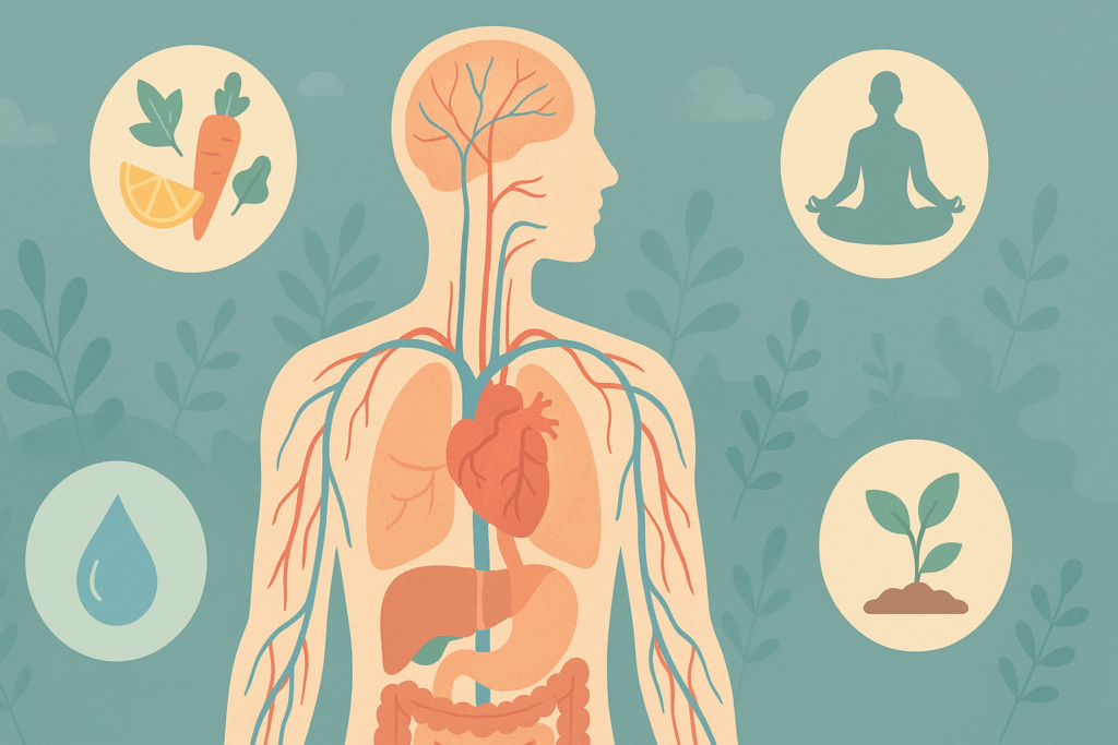 Illustration of a human silhouette with transparent layers displaying interconnected body systems, emphasizing the impact of a custom skin care routine on skin health, digestion, and circulation.