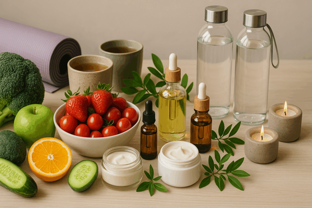 Holistic custom skin care routine essentials featuring fresh fruits, vegetables, herbal teas, natural skincare products, glass water bottles, yoga mat, and meditation candles, symbolizing balanced health and mindful living