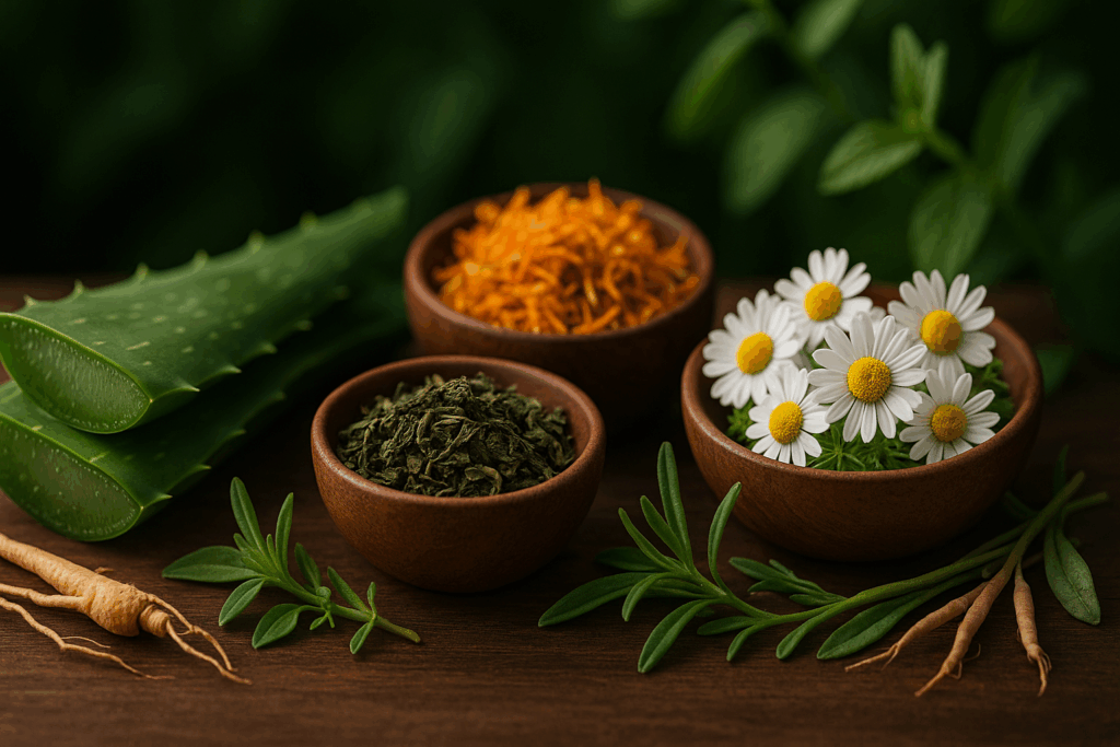 Natural ingredients for a custom skin care routine, including fresh aloe vera, chamomile flowers, green tea leaves, calendula petals, and herbal roots, arranged on a rustic surface with lush greenery in the background