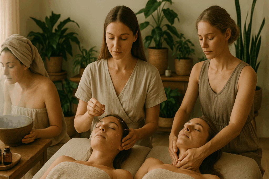 Holistic spa setting showcasing a custom skin care routine with facial acupuncture, herbal steam therapy, and lymphatic drainage massage in a serene, plant-filled environment