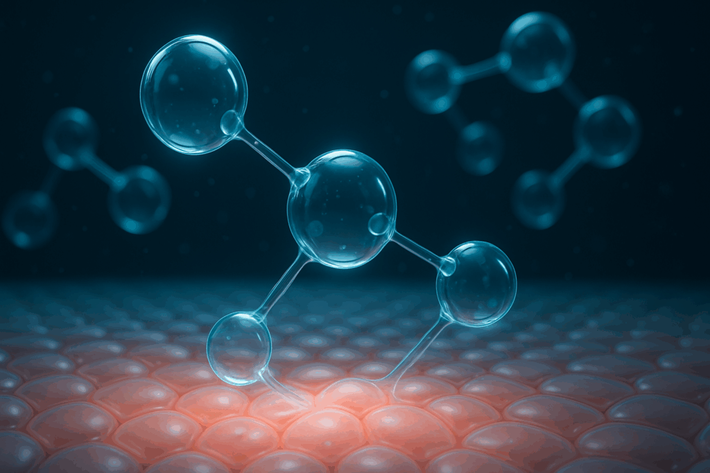 "Close-up visualization of retinol molecules interacting with skin cells, illustrating cellular turnover and collagen stimulation, ideal for understanding retinol before or after toner application