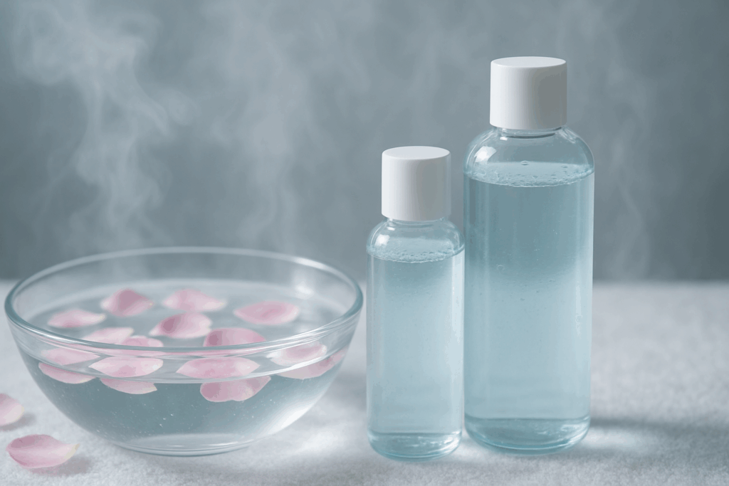 Glass bottles of hydrating toner with petals floating in water and rising steam, symbolizing the perfect skincare ritual for understanding retinol before or after toner
