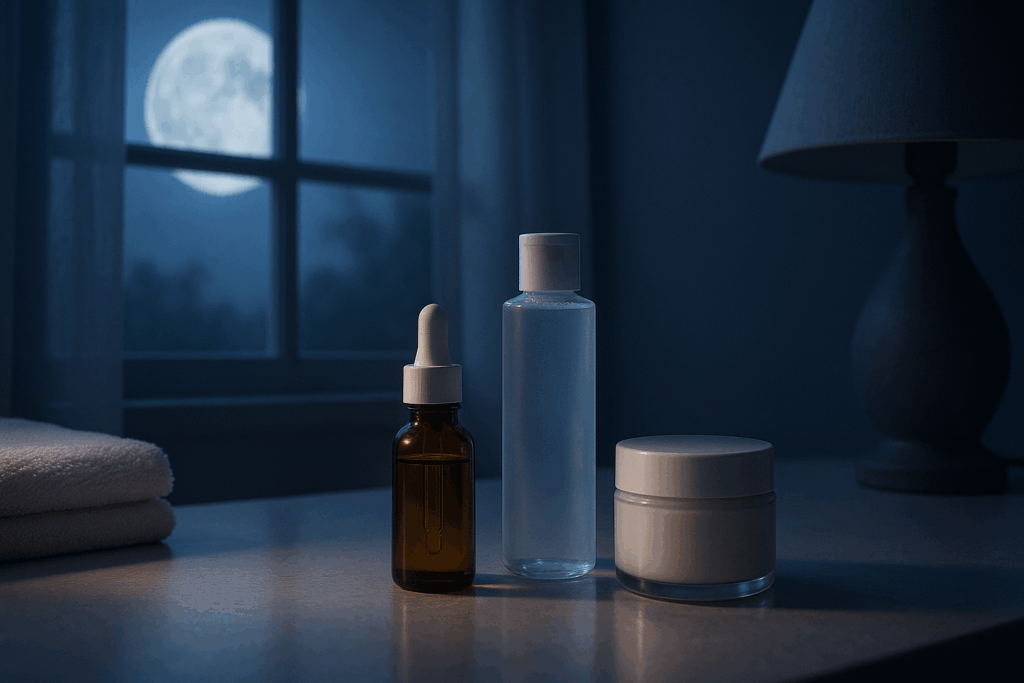 Dreamy nighttime skincare setup with retinol, toner, and moisturizer neatly arranged on a vanity under soft moonlight, illustrating the ideal order of applying retinol before or after toner for a calming evening routine