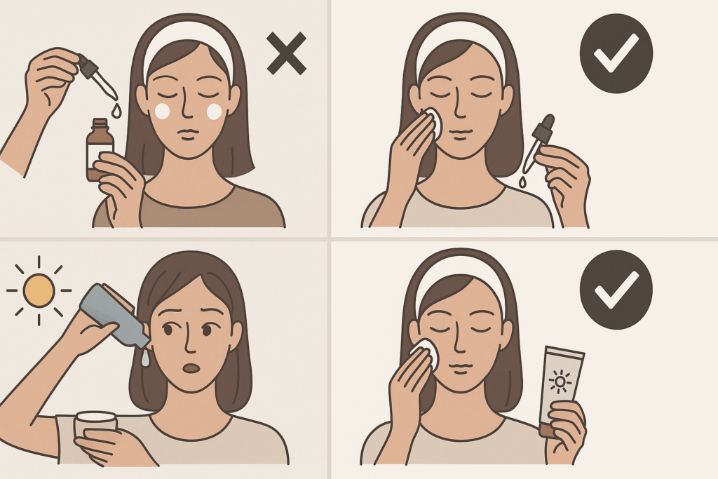 Diagram-style infographic illustrating proper application of retinol before or after toner, highlighting common skincare mistakes like overuse, incorrect layering, and lack of sun protection