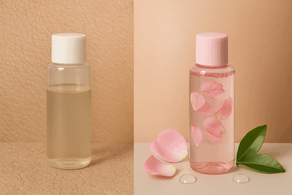 Comparison of using toner morning and night: traditional alcohol-based toner causing dry skin versus modern hydrating toner enriched with botanical extracts like rose petals and green tea for smooth, dewy skin