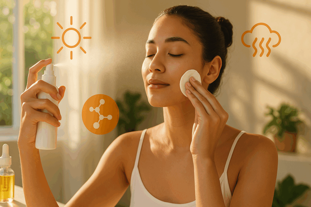 Woman applying toner in the morning sunlight, part of a daily skincare routine for hydration and protection, illustrating the benefits of using toner morning and night