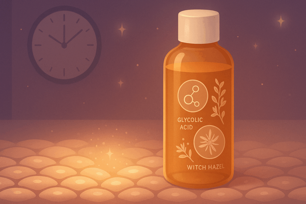 Nighttime skincare routine featuring glycolic acid and witch hazel toner, symbolizing skin recovery and renewal—essential for using toner morning and night