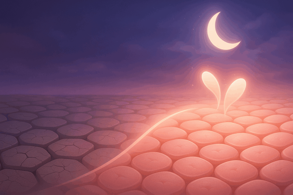 Illustration of a nighttime skincare routine with retinol, showing skin cells regenerating and rejuvenating under soft moonlight, symbolizing overnight skin repair and renewal