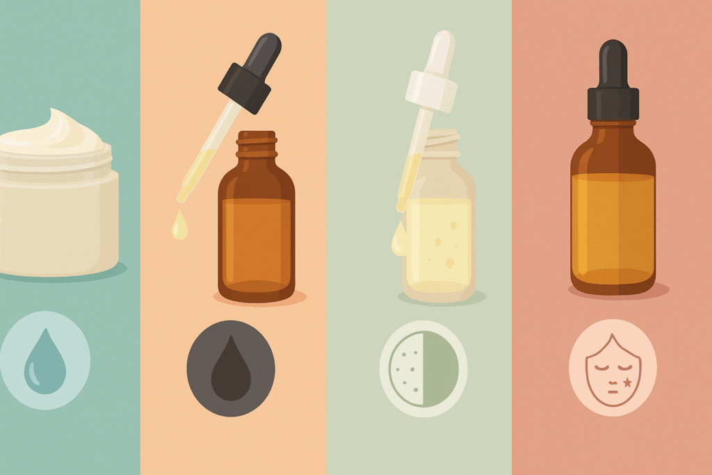 Comparative visual of a nighttime skincare routine with retinol, showcasing different formulations like creams, serums, and oils, tailored for dry, oily, combination, and sensitive skin types with symbolic icons for hydration, oil control, and skin balance