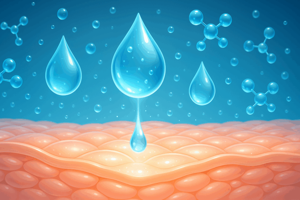Deep hydration illustration showing water molecules penetrating skin layers, highlighting the importance of moisture in a nighttime skincare routine with retinol