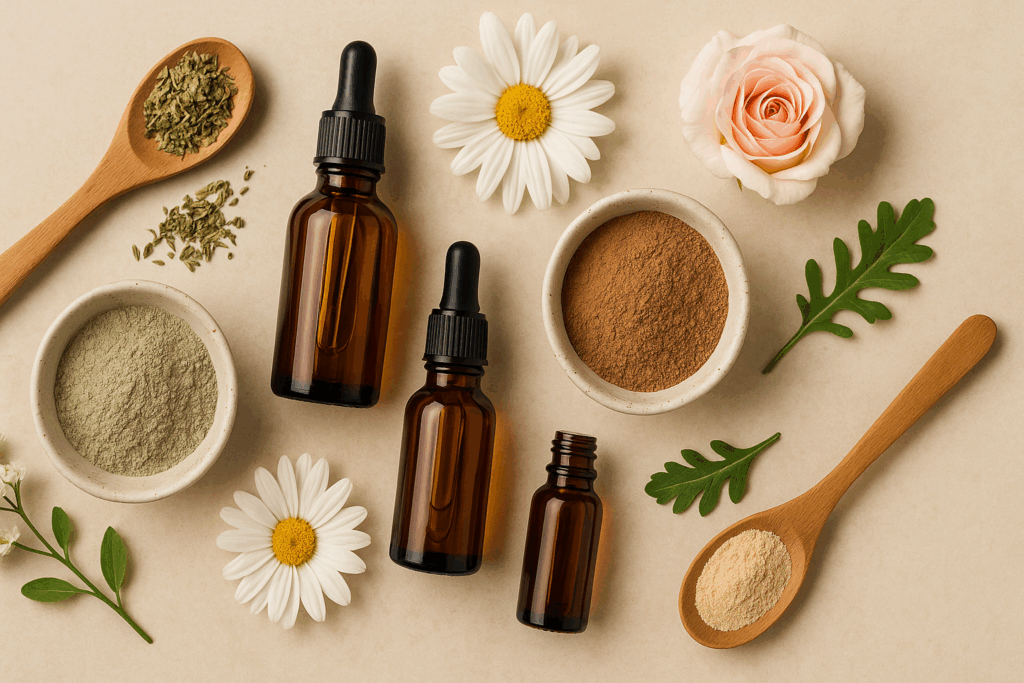 Botanical oils in amber bottles, powdered clays in ceramic bowls, herbs, and flowers arranged for a natural skincare routine.
