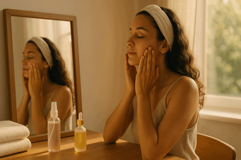 Botanical oils in amber bottles, powdered clays in ceramic bowls, herbs, and flowers arranged for a natural skincare routine.