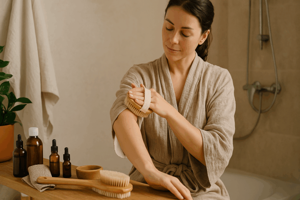Woman dry brushing her arm in a softly lit bathroom with bamboo brushes, plants, and oils as part of a natural skincare routine