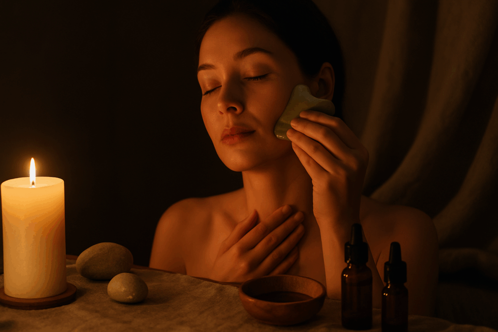 Woman practicing a natural skincare routine with gua sha facial massage by candlelight, surrounded by stones, oils, and calming textiles