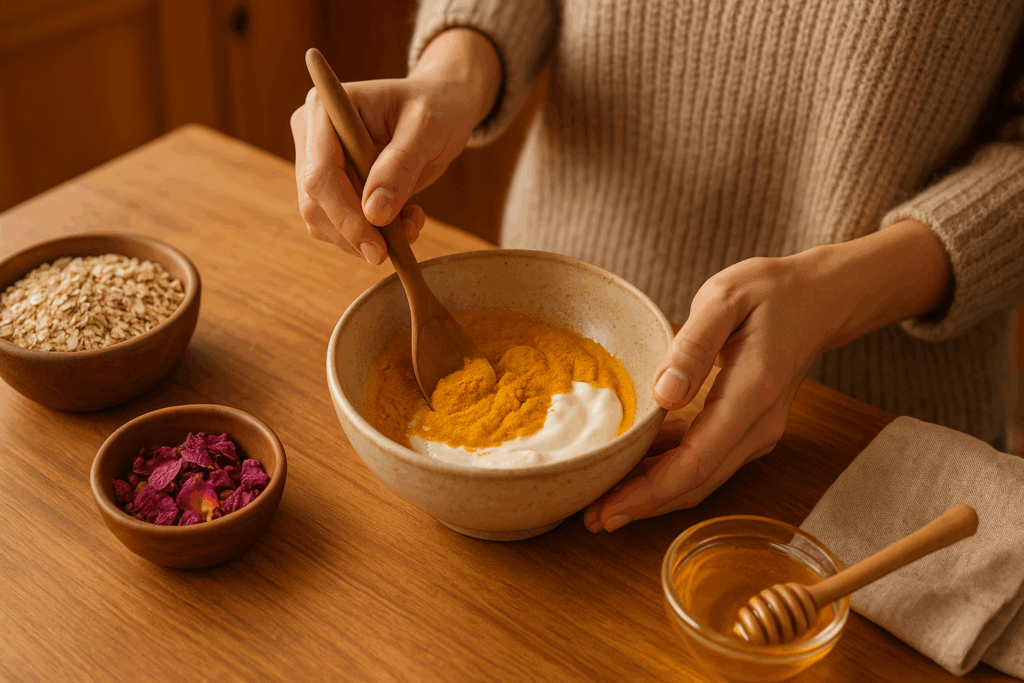 Woman mixing turmeric and yogurt in a bowl as part of a natural skincare routine, with oats, honey, and rose petals on a wooden counter