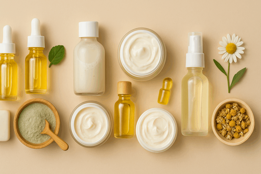 Natural skincare routine products arranged by skin type, including oils, clay masks, creams, and chamomile botanicals on a neutral background